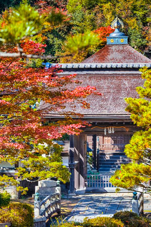 Japanese Religious Heritage. Seasonal Red Maples in Front of The Monastery Gates on Sacred Mount Koyasan in Japan.Vertical Image Compositionのeditorial素材