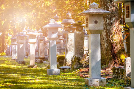 Asian Travel Destinations. Okunoin Cemetery in  Koyasan Mount Koya as UNESCO World Heritage Site with 1200 Years Old Center of Japanese Sect of Shingon Buddhism. Horizontal Imageのeditorial素材