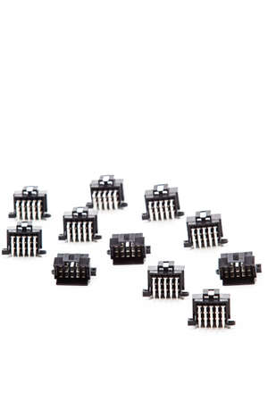 Electronic Components Concepts. Closeup of Rows of Short Angular PCB Connectors or Terminal Blocks...