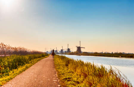 People Horseriding In Front of Traditional Dutch Windmills in Kinderdijk Village in the Netherlands Before The Sunset. Horizontal Shotの写真素材