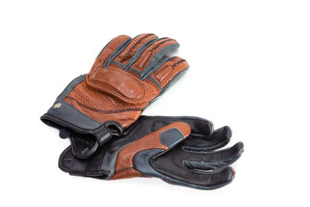 Motorcyclist Protective Clothing. Pair of Motorcycling Tanned Leather Protective Gloves Over White Background.Horizontal Imageの写真素材