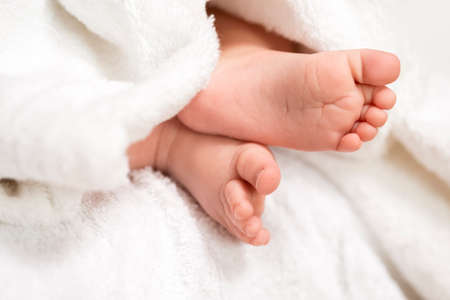 Macro Close-up of a Four Week Old Baby Boy Feet. Horizontal Image Compositionの写真素材