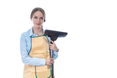 Portrait of Caucasian Woman With Vacuum Cleaner In Protective Clothing Against White. Horizontal Shootの写真素材