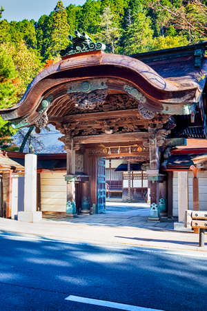 Tradtional Wooden Shinto Shrine At Koyasan Mountain At Fall in Japan. Vertical Imageのeditorial素材