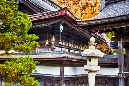 Tradtional Japanese Shinto Shrine with Chain of Hung Lanterns on Koyasan Mountain in Japan.Horizontal Imageのeditorial素材