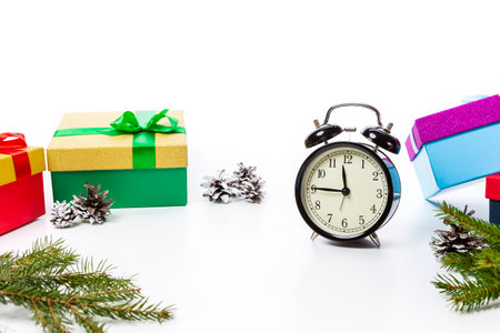 Christmas Ideas. Line of Colorful Gift Boxes with Cones and Fir Tree Branches Placed Together with...