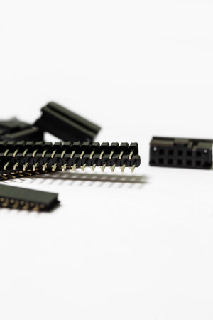 Electronics Components Ideas. Macro Shot of Long Straight PCB Connectors or Terminal Blocks Placed...