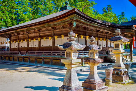 Partial View of Danjo Garan Sacred Temple with Line of Traditional Lanterns at Mount Koya in Japan.のeditorial素材