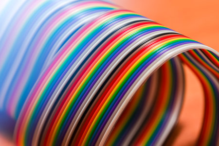 Roll of Colorful Twisted Connecting Wire Strip on Plain Surface. Horizontal imageの写真素材