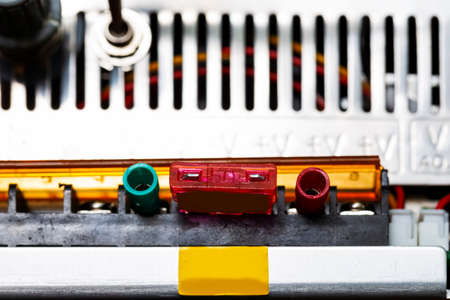 Closeup of Laboratory Power Supply Terminals With Contacts and Switches on Back Side. Horizontal Imageの写真素材
