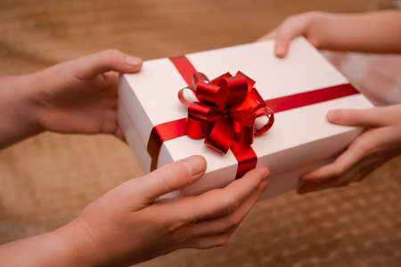 Closeup Image of Mature Woman Wrinkled Hands Holding and Offering White Wrapped Gift Box to the...
