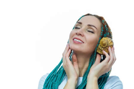 Tranquil Calm Enjoying Caucasian Girl Posing With Large Seashell Against White Background....