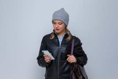 Modern Lifestyle Concepts. Young Stressfull Caucasian Female With Alarm Clock And Lifted Hand With...