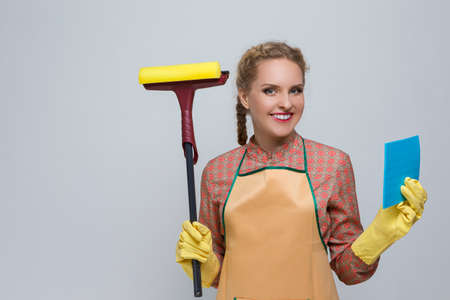 Modern Lifestyle Concepts. Young Stressfull Caucasian Female With Alarm Clock And Lifted Hand With...