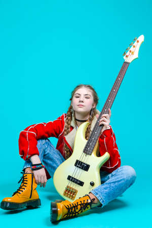 Portrait of Nice Her She Attractive And Cheerful While Excited Teen Girl Sitting in Chair With TV...