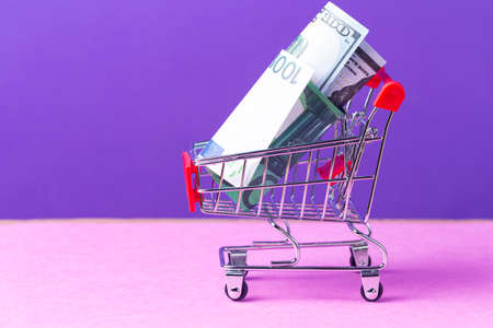 Savings Ideas. Shopping Trolley Cart With US Dollars and Euro Currency Banknotes Over Trendy Purple Violet Background. Horizontal Orienationの写真素材