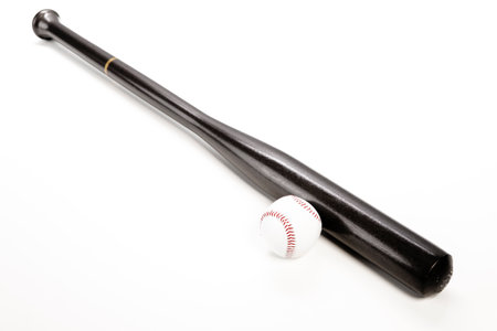 Wooden Baseball American Bat Along With Leather Ball Placed Together Over White Background. Horizontal Imageの写真素材