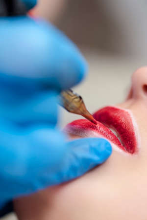 Caucasian Woman Having Permanent Lips Makeup at Beauty Salon During Permanent Makeup Tattoo While Drawing Contour With Special Tool.Vertical image Orientationの写真素材