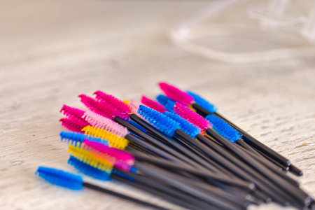 View of Variety of Working Colorful Brows Makeup Brushes for Tattoo Cosmetology Beautician Ready For Permanent Makeup Procedure In Beauty Salon. Horizontal Imageの写真素材