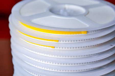Batch of SMD or Surface Mount Components On Tape and Reel Holders in One Stack Together. Horizontal Orientationの写真素材