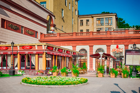 Odessa, Ukraine: July 16, 2013 -  summer street cafe interior in green city park, ornate with flowers and decorative elementsのeditorial素材