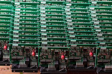 Closeup View of Batch of Ready Automotive Printed Circuit Boards with Surface Mounted Components....