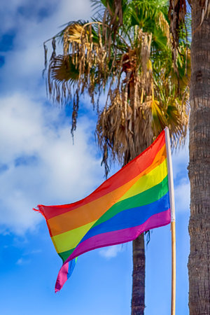 LGBT Flag on Gran Canaria Island in Spain in Maspalomas Against Blue Sky. Vertical Imageの写真素材