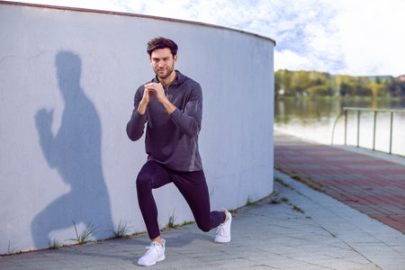 Athlete Male Runner During Sporty Fit Young Man Jogging by River Bank Training While Jumping Out and...