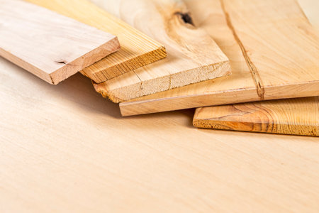 Heap Batch of Parts of Assorted Wood Types Materials in Workshop. Horizontal image Composition