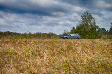 One Shiny Car Against Colorful Autumn Trees And Blue Sky Along With Dry Grass and Trees of Polesye...