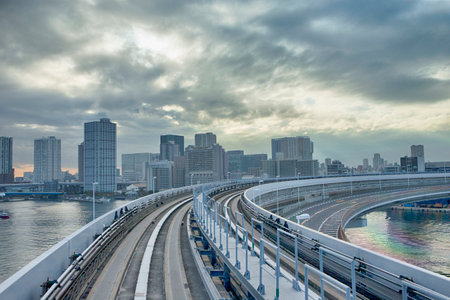 Traffic Transport Bridge View Taken From Monorail Odaiba Sky Train in Tokyo. Horizontal Image Orientationの写真素材