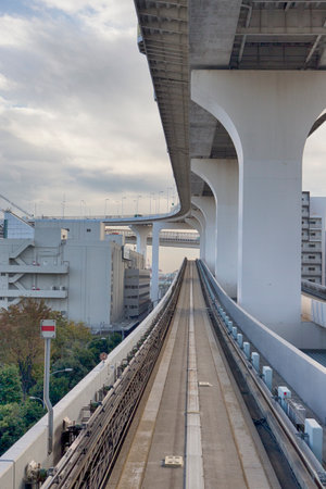 Traffic Transport Bridge View Taken From Monorail Odaiba Sky Train in Tokyo. Vertical Image...