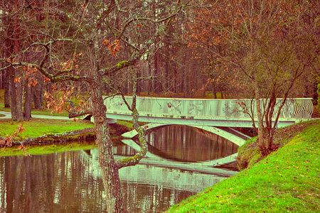 Bridge in Retro Film Autumn Colors Druskininkai City in Lithuania.Horizontal imageの写真素材