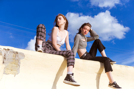 Winsome Caucasian Women Sitting on Stone Fence Smiling and Posing With Hands Connected As  Enjoying...