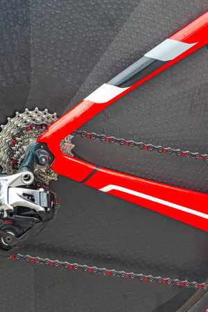 View Clousep of Rear Derailier and Rear Cassette with Dirty Chain and Cassette Sprockets Against...