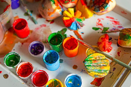 Set of Paints, Brushes and Palette on Colorful Background in Workshop as Artist Workplace. Horizontal Imageの写真素材