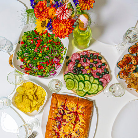 Appetizing Cherry and Apple Pie With Fruit Jam Placed Along With Vegetable Salad and Meat Plate,...