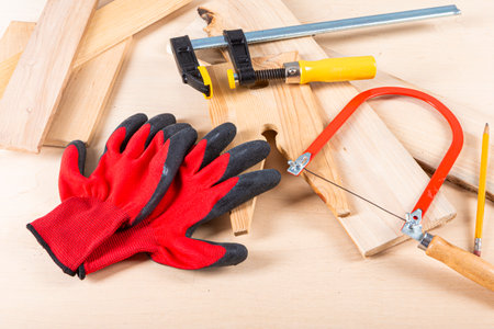 Professional Set or Variety of Separate Lineup of Assorted Work Tools and Devices on Wood.Horizontal...
