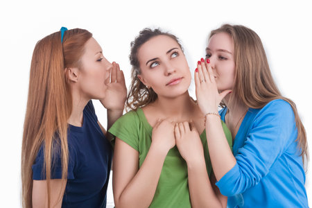 Company of Three Expressive Winsome Young Funny Caucasian Girlfriends Sharing Their Secrets...