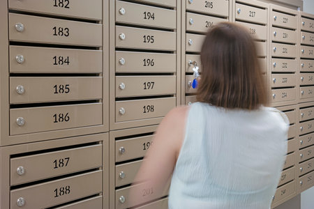 Blurred Image of Woman Opening Mailbox in the Newly Built Apartment Building. Horizontal image Compositionの写真素材