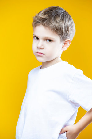 One Adorable Tranquil Little Male Kid Boy Of 5-6 Years Old Wearing White t-shirt Polo Isolated on Plain Yellow Background.Vertical image Compositionの写真素材
