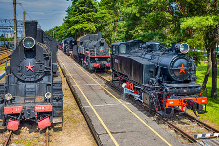 Baranovichi, Belarus - 14 August, 2022: Steam Locomotive Type 0-3-0 Series 9P Number 221 Made In USSR in 1956 On Stand Display in Baranovichi, Belarusのeditorial素材