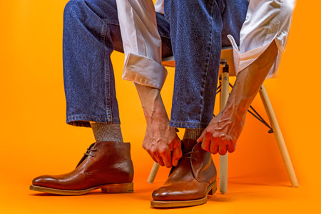 Sitting Man in Casual Jeans Clothing Wearing Leather Tanned Derby Boots Putting On Shoes Ad Tiying Up Laces Against Orange Background. Horizontal Imageの写真素材