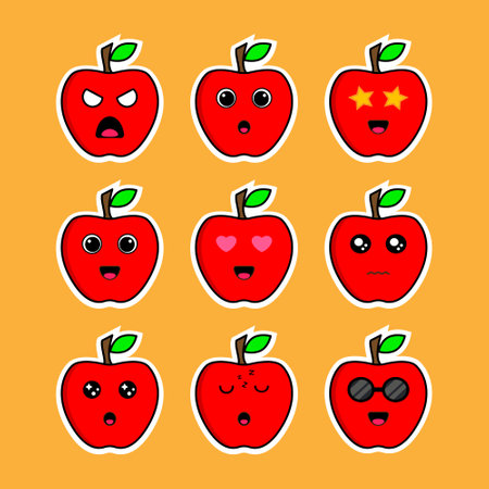 Cute funny happy apple fruit set collection. Vector flat line cartoon illustration icon. Isolated on white background. with face mascot bundleのイラスト素材