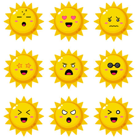 Sun cartoon with different emotions.のイラスト素材