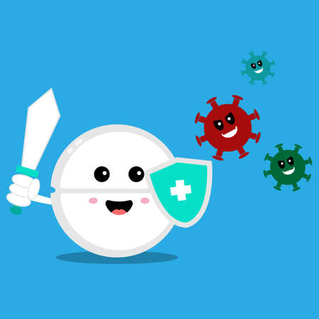 strong tablet guardian with sword and shield fight with bacteria microorganism virus. Vector cartoon character.のイラスト素材