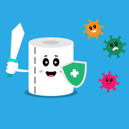 Toilet paper with sword and shield fight with bacteria microorganism virus. Vector cartoon character illustration icon design.のイラスト素材