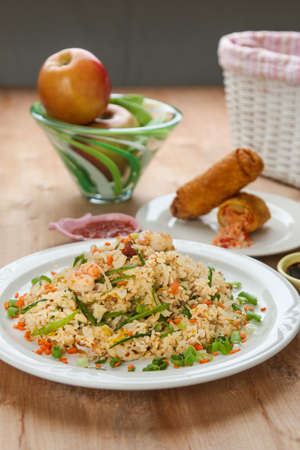 yeung chow fried rice, on the wood tableの写真素材