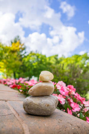 balance stones with flowers tree and sky background