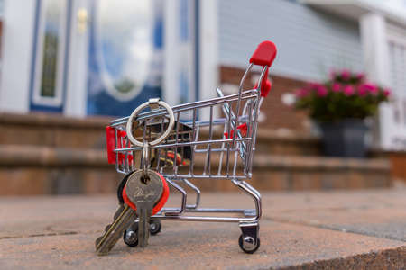 a house shape key chain with keys in a mini shopping cart in fornt of a houseの写真素材